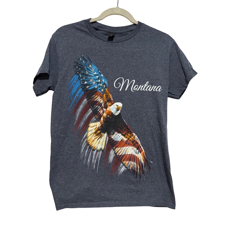 Gildan Montana American Flag Eagle Graphic T-Shirt Mens Small‎ Heather blue